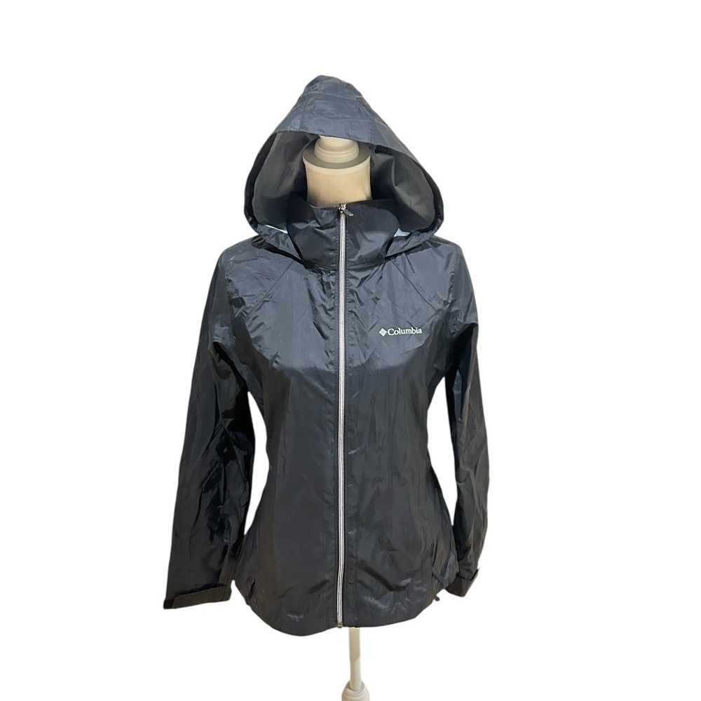 Columbia Black hooded rain nylon windbreaker zip up Jacket zip pockets small - Picture 3 of 9